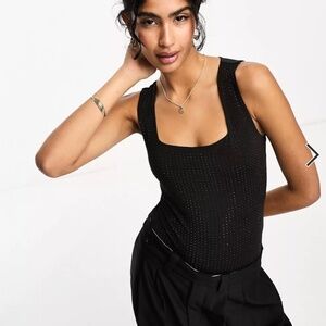 River Island hotfix slinky square neck bodysuit in black